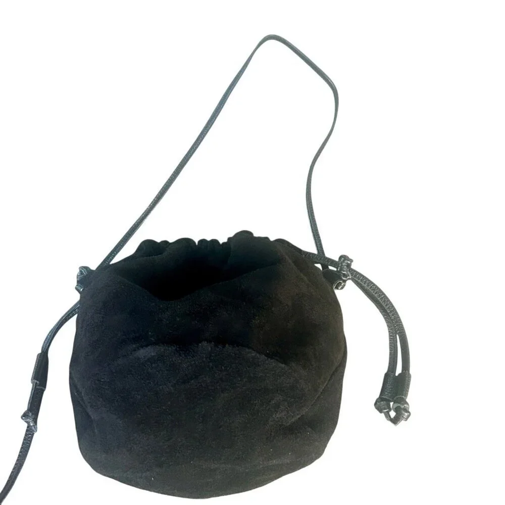 Black Suede Leather Drawstring Italian Made Hobo Bag